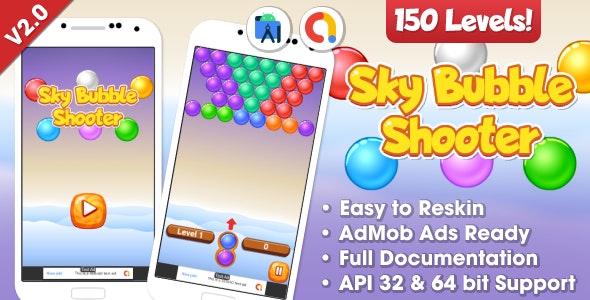 Sky Bubble Shooter Game Android Studio Project with AdMob Ads + Ready to Publish