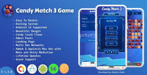 Candy Match 3 Game with Earning System and Admin Panel + Landing Page