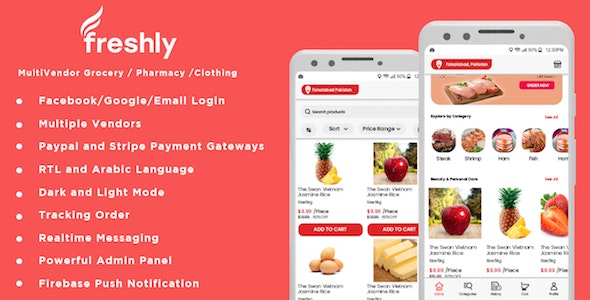 Freshly - Native Multi Vendor Grocery, Food, Pharmacy, Store Delivery Mobile App with Admin Panel