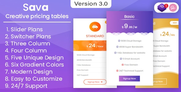 Sava - Pricing Tables and Plans