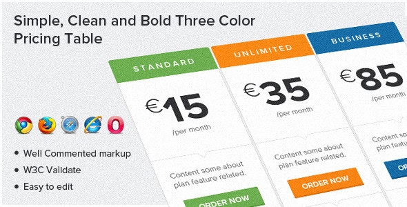 Simple, Clean and Bold Three Color Pricing Table