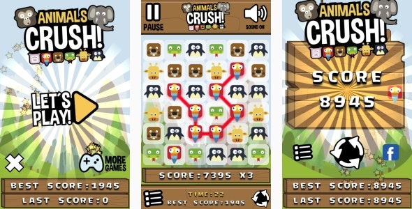 Animals Crush Match3 - HTML5 Game + Android + AdMob (Construct 3 | Construct 2 | Capx)