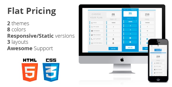 Flat Pricing Table, 2 Themes, 8 Colors