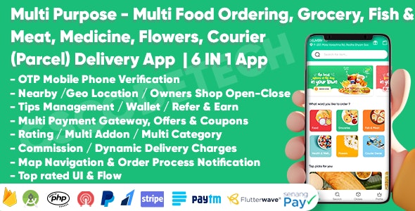 Multi Purpose - Food, Grocery, Fish-Meat, Pharmacy, Flower, Courier(Parcel) Delivery | 6 IN 1 Apps